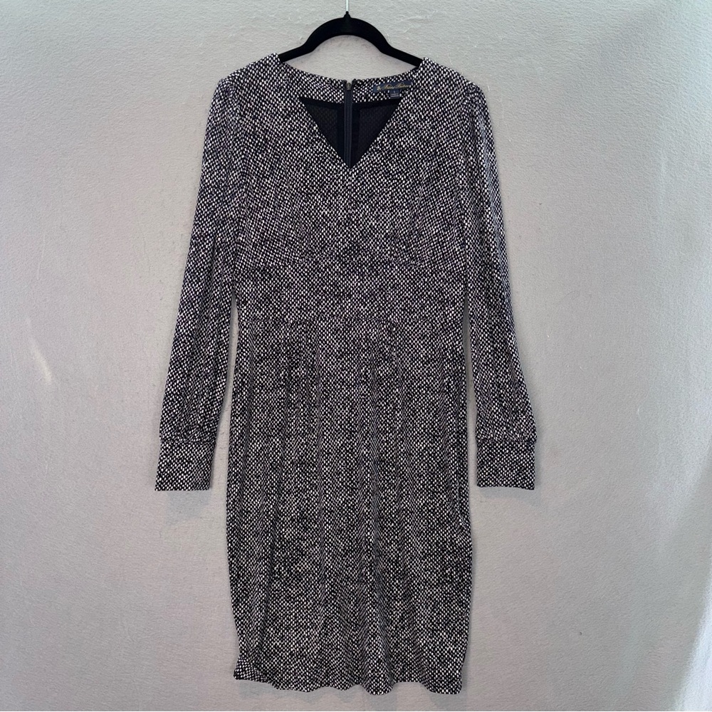 Brooks Brothers women’s black & white printed long sleeve V-neck midi dress SZ S